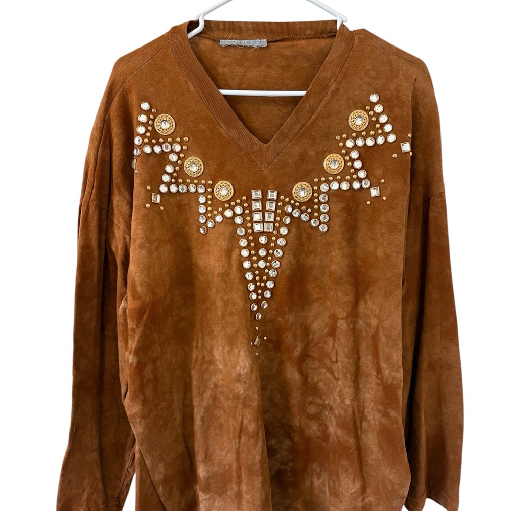 Embellished Brown tie dye V-Neck jeweled long shirt
